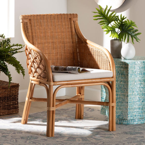 Baxton Studio bali Bali Carolyn Bohemian Rattan Dining Chair - Handcrafted Island Charm with Comfortable Cushioned Seat Carolyn-Light Honey Rattan Cushioned-DC