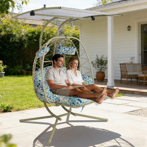 English Elm 2-person Outdoor Wicker Egg Chair Hanging Swing with Canopy Stand and Cushions Cyan T5880P502254