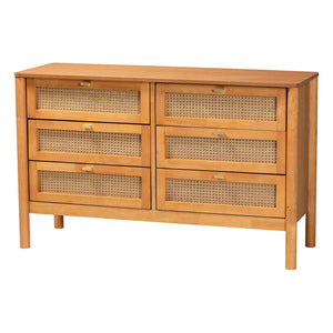 Baxton Studio Baxton Studio Japandi 6-Drawer Dresser in Golden Brown Wood with Distressed Rattan for Elegant Storage MG9006-5703R Rattan/NTOak1203-6D-Dresser