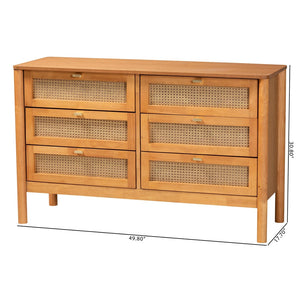 Baxton Studio Baxton Studio Japandi 6-Drawer Dresser in Golden Brown Wood with Distressed Rattan for Elegant Storage MG9006-5703R Rattan/NTOak1203-6D-Dresser