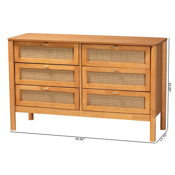 Baxton Studio Baxton Studio Japandi 6-Drawer Dresser in Golden Brown Wood with Distressed Rattan for Elegant Storage MG9006-5703R Rattan/NTOak1203-6D-Dresser