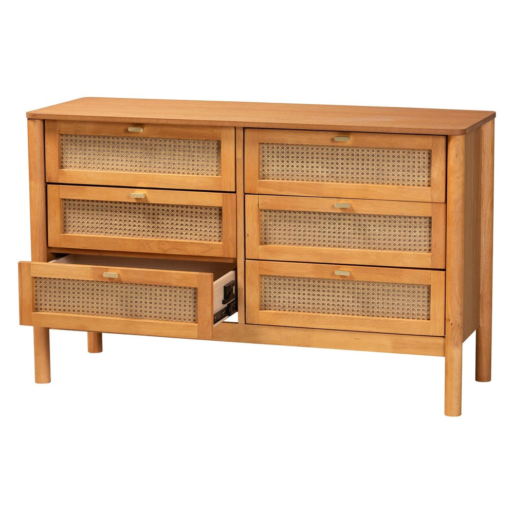 Baxton Studio Baxton Studio Japandi 6-Drawer Dresser in Golden Brown Wood with Distressed Rattan for Elegant Storage MG9006-5703R Rattan/NTOak1203-6D-Dresser