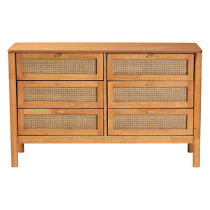 Baxton Studio Baxton Studio Japandi 6-Drawer Dresser in Golden Brown Wood with Distressed Rattan for Elegant Storage MG9006-5703R Rattan/NTOak1203-6D-Dresser