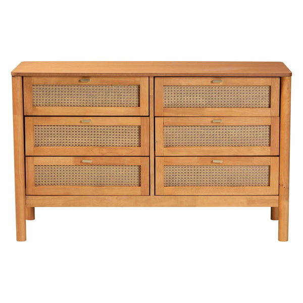 Baxton Studio Baxton Studio Japandi 6-Drawer Dresser in Golden Brown Wood with Distressed Rattan for Elegant Storage MG9006-5703R Rattan/NTOak1203-6D-Dresser