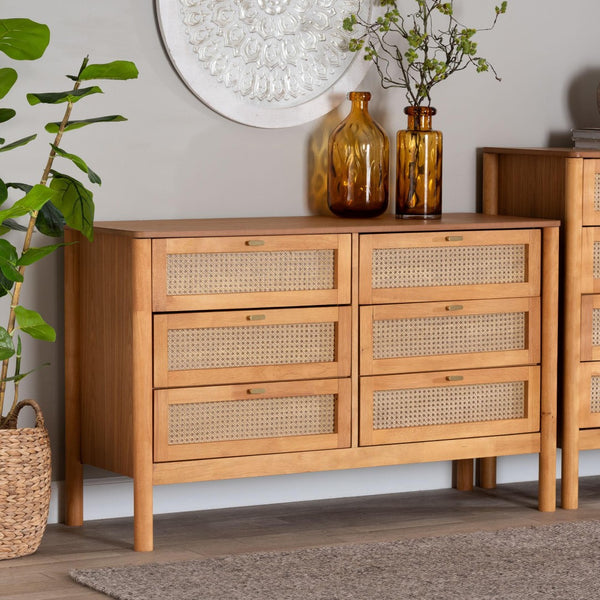 Baxton Studio Baxton Studio Japandi 6-Drawer Dresser in Golden Brown Wood with Distressed Rattan for Elegant Storage MG9006-5703R Rattan/NTOak1203-6D-Dresser