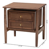 Baxton Studio Alyssa Japandi Walnut Brown Wood 2-Drawer Nightstand Woven with Rattan