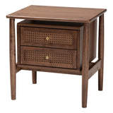 Alyssa Japandi Walnut Brown Wood 2-Drawer Nightstand Woven with Rattan