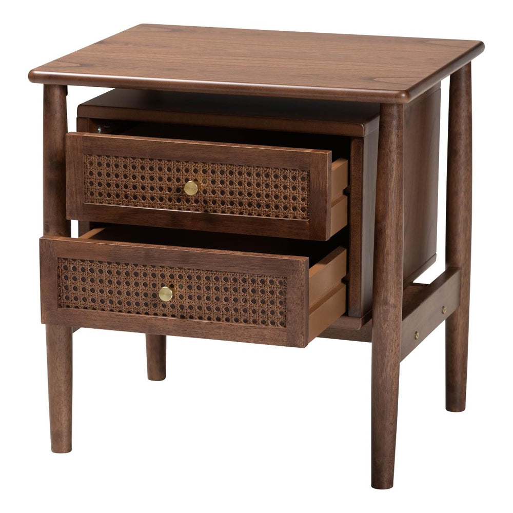 Baxton Studio Baxton Studio Alyssa Japandi Nightstand in Walnut Brown with Rattan, 2 Drawers for Modern Bedrooms SW8000-86NS-Walnut-Nightstand