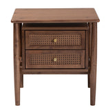 Baxton Studio Alyssa Japandi Walnut Brown Wood 2-Drawer Nightstand Woven with Rattan