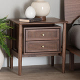 Baxton Studio Alyssa Japandi Walnut Brown Wood 2-Drawer Nightstand Woven with Rattan