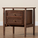 Baxton Studio Alyssa Japandi Walnut Brown Wood 2-Drawer Nightstand Woven with Rattan