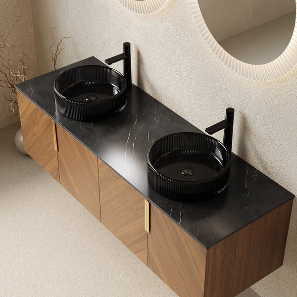 English Elm Dina 60 Inch Floating Bathroom Vanity Sintered Stone Top Dual Glass Basins Wood Grain W2615S00452