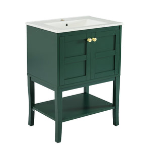 English Elm 24'' Retro Green Bathroom Vanity with Glossy Resin Basin, Solid Wood Feet, Soft-Close Doors, Ample Storage, Metal Handles (Modern) WF324870AAF