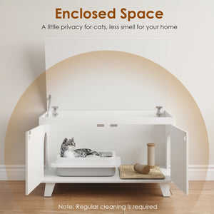 English Elm Flip Top Hidden Cat Litter Box Enclosure with Rattan Doors, Flip-Top Access, Odor Control, Stylish Table Ready White T3623P354972