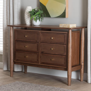 Baxton Studio Baxton Studio Alyssa Japandi 6-Drawer Dresser - Walnut Brown Wood with Woven Rattan Accents SW8000-86D6D-Walnut-Dresser