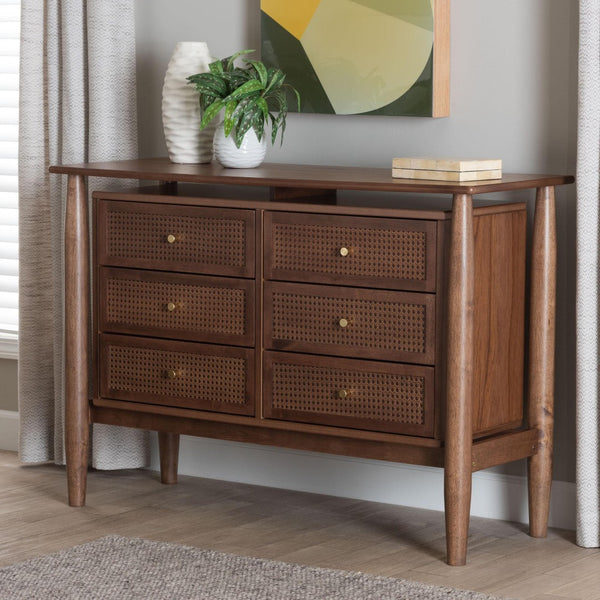 Baxton Studio Baxton Studio Alyssa Japandi 6-Drawer Dresser - Walnut Brown Wood with Woven Rattan Accents SW8000-86D6D-Walnut-Dresser