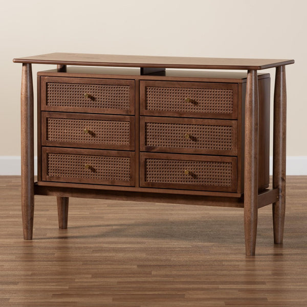 Baxton Studio Baxton Studio Alyssa Japandi 6-Drawer Dresser - Walnut Brown Wood with Woven Rattan Accents SW8000-86D6D-Walnut-Dresser