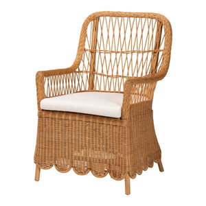 Baxton Studio bali Bali Teresa Bohemian Rattan Arm Chair - Handcrafted Tropical Accent with Scalloped Design & Comfort Teresa-Light Honey Rattan Cushioned-AC