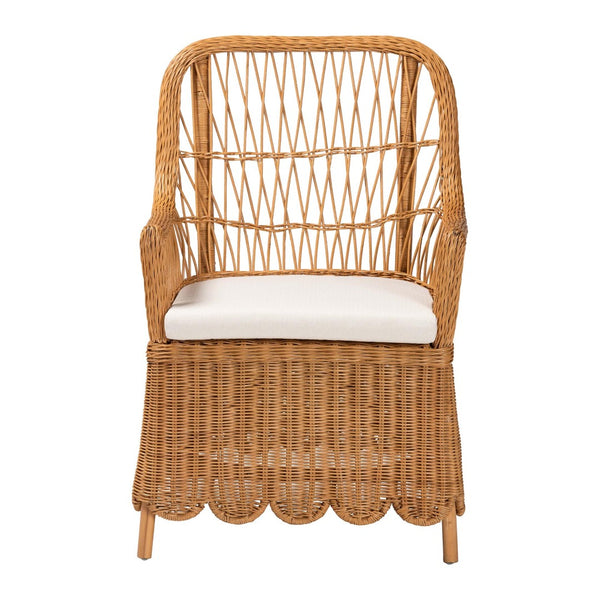 Baxton Studio bali Bali Teresa Bohemian Rattan Arm Chair - Handcrafted Tropical Accent with Scalloped Design & Comfort Teresa-Light Honey Rattan Cushioned-AC