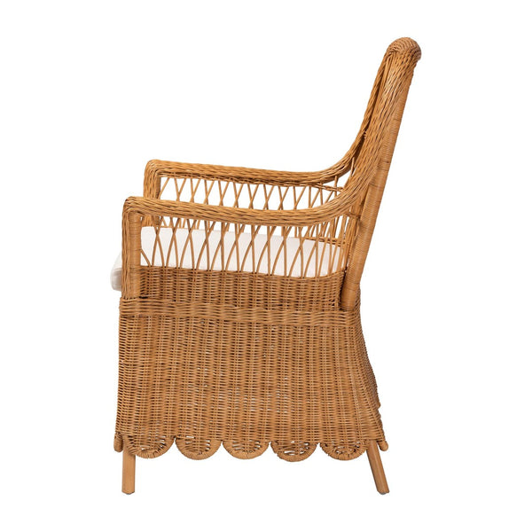 Baxton Studio bali Bali Teresa Bohemian Rattan Arm Chair - Handcrafted Tropical Accent with Scalloped Design & Comfort Teresa-Light Honey Rattan Cushioned-AC