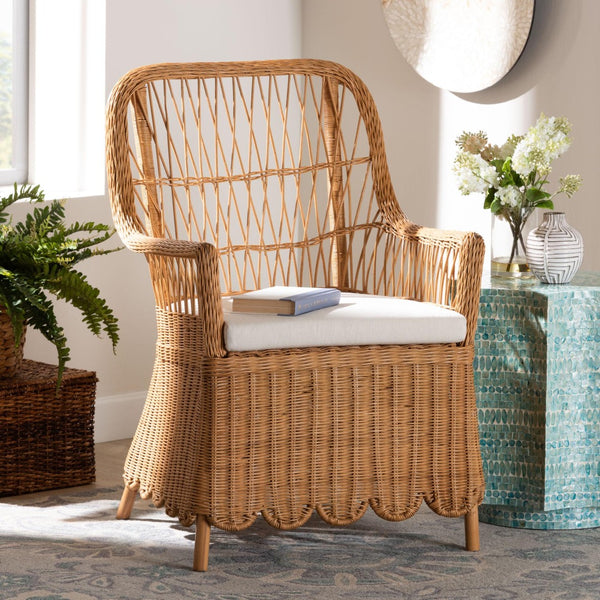 Baxton Studio bali Bali Teresa Bohemian Rattan Arm Chair - Handcrafted Tropical Accent with Scalloped Design & Comfort Teresa-Light Honey Rattan Cushioned-AC