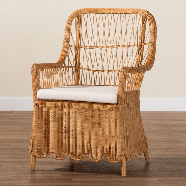 Baxton Studio bali Bali Teresa Bohemian Rattan Arm Chair - Handcrafted Tropical Accent with Scalloped Design & Comfort Teresa-Light Honey Rattan Cushioned-AC