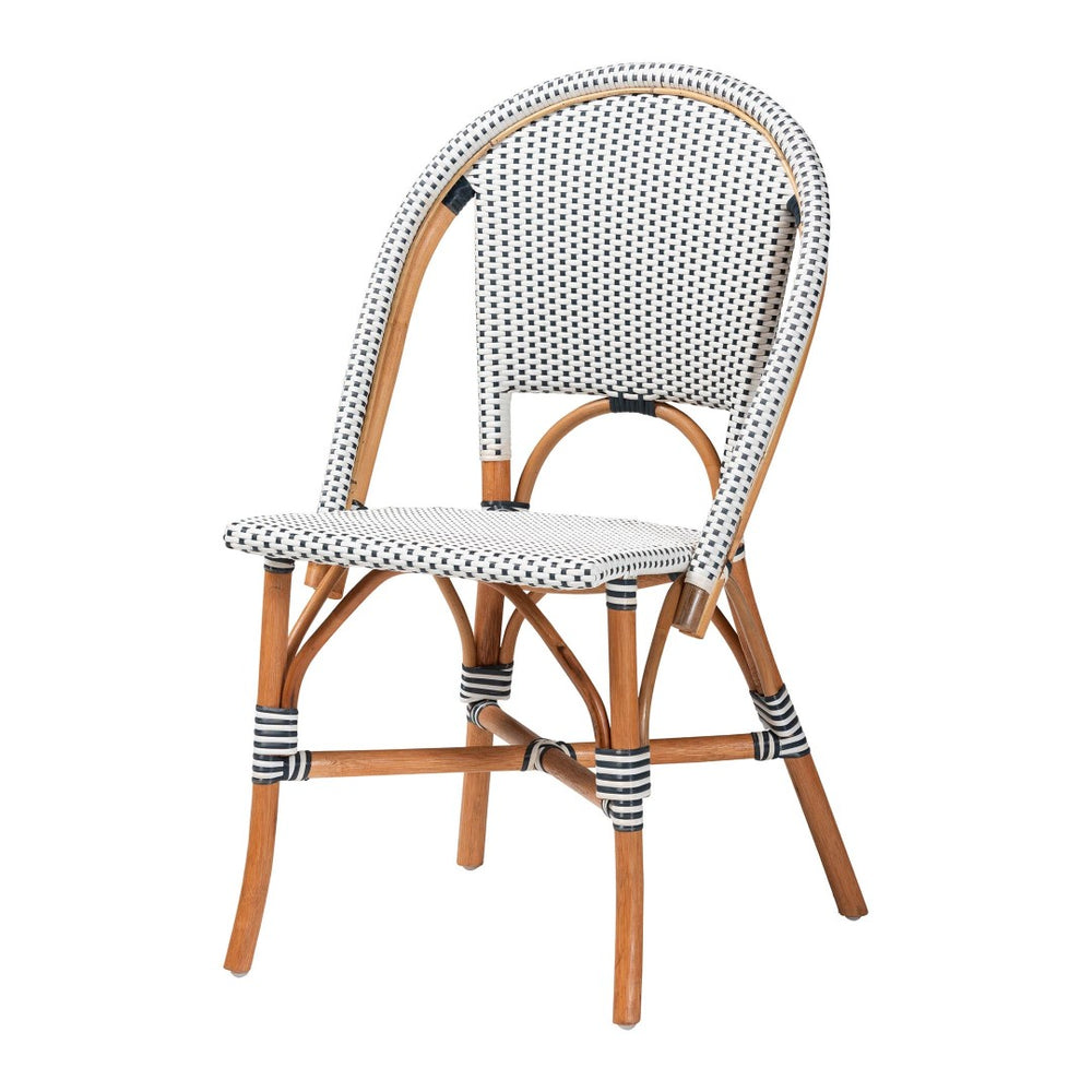 Baxton Studio bali Genica Classic French Bistro Chair - Two-Tone Navy & White Weaving, Natural Rattan Elegance DC613-Rattan-Navy/White-DC No Arm