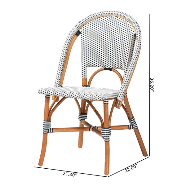 Baxton Studio bali Genica Classic French Bistro Chair - Two-Tone Navy & White Weaving, Natural Rattan Elegance DC613-Rattan-Navy/White-DC No Arm