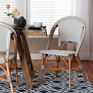 Baxton Studio bali Genica Classic French Bistro Chair - Two-Tone Navy & White Weaving, Natural Rattan Elegance DC613-Rattan-Navy/White-DC No Arm