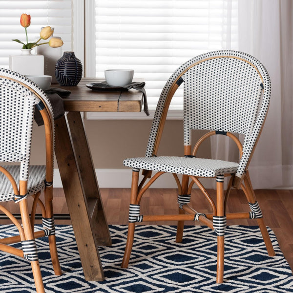 Baxton Studio bali Genica Classic French Bistro Chair - Two-Tone Navy & White Weaving, Natural Rattan Elegance DC613-Rattan-Navy/White-DC No Arm