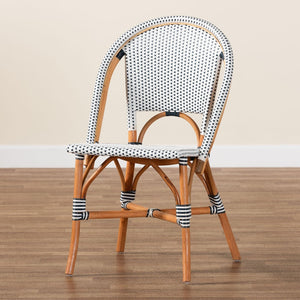 Baxton Studio bali Genica Classic French Bistro Chair - Two-Tone Navy & White Weaving, Natural Rattan Elegance DC613-Rattan-Navy/White-DC No Arm