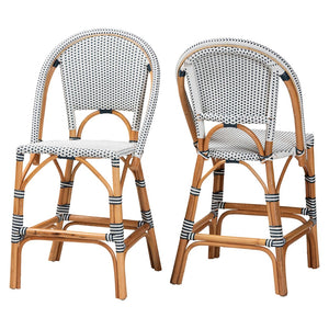 Baxton Studio bali Genica Classic French Two-Tone Weaving and Natural Rattan 2-Piece Counter Stool Set for Charm Navy DC613-Rattan-Navy/White-CS No Arm