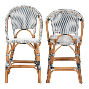 Baxton Studio bali Genica Classic French Two-Tone Weaving and Natural Rattan 2-Piece Counter Stool Set for Charm Navy DC613-Rattan-Navy/White-CS No Arm