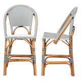 bali & pari Genica Classic French Two-Tone Navy and White Weaving and Natural Rattan 2-Piece Counter Stool Set