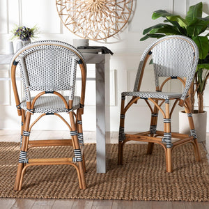 Baxton Studio bali Genica Classic French Two-Tone Weaving and Natural Rattan 2-Piece Counter Stool Set for Charm Navy DC613-Rattan-Navy/White-CS No Arm