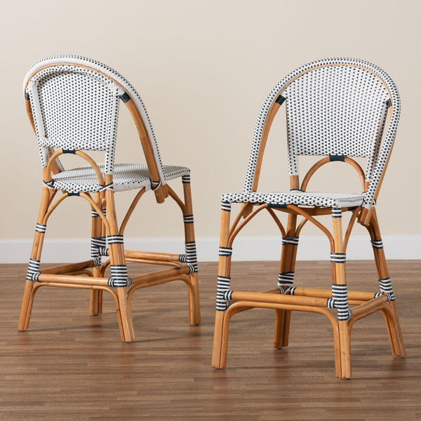 Baxton Studio bali Genica Classic French Two-Tone Weaving and Natural Rattan 2-Piece Counter Stool Set for Charm Navy DC613-Rattan-Navy/White-CS No Arm