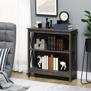 English Elm HOMCOM Industrial Corner Bookshelf 2-Tier Open Display with Metal X-Brace, Grey Engineered Wood, Space-Saving Storage 34" W2225P217755