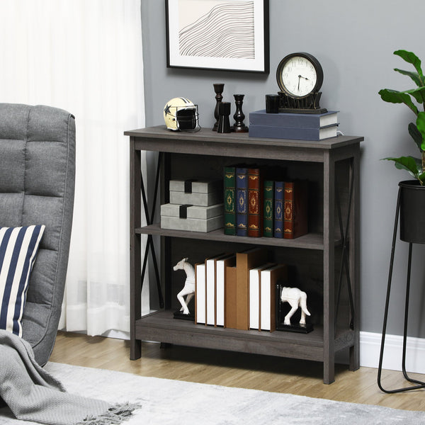 English Elm HOMCOM Industrial Corner Bookshelf 2-Tier Open Display with Metal X-Brace, Grey Engineered Wood, Space-Saving Storage 34" W2225P217755