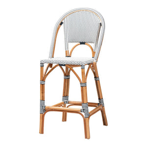 Baxton Studio bali Genica Classic French Two-Tone Rattan Bar Stool for Indoor and Outdoor Chic Comfort Seating Navy DC613-Rattan-Navy/White-BS No Arm