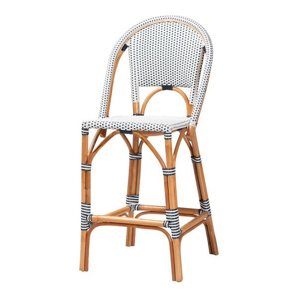 Baxton Studio bali Genica Classic French Two-Tone Rattan Bar Stool for Indoor and Outdoor Chic Comfort Seating Navy DC613-Rattan-Navy/White-BS No Arm
