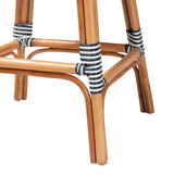 bali & pari Genica Classic French Two-Tone Navy and White Weaving and Natural Rattan Bar Stool