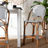 bali & pari Genica Classic French Two-Tone Navy and White Weaving and Natural Rattan Bar Stool