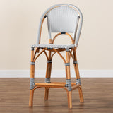 bali & pari Genica Classic French Two-Tone Navy and White Weaving and Natural Rattan Bar Stool