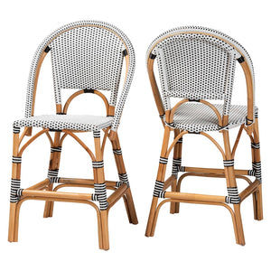 Baxton Studio bali Genica Classic French Two-Tone Weaving and Natural Rattan 2-Piece Counter Stool Set for Charm Black DC613-Rattan-Black/White-CS No Arm