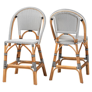 bali & pari Genica Classic French Two-Tone Black and White Weaving and Natural Rattan 2-Piece Counter Stool Set