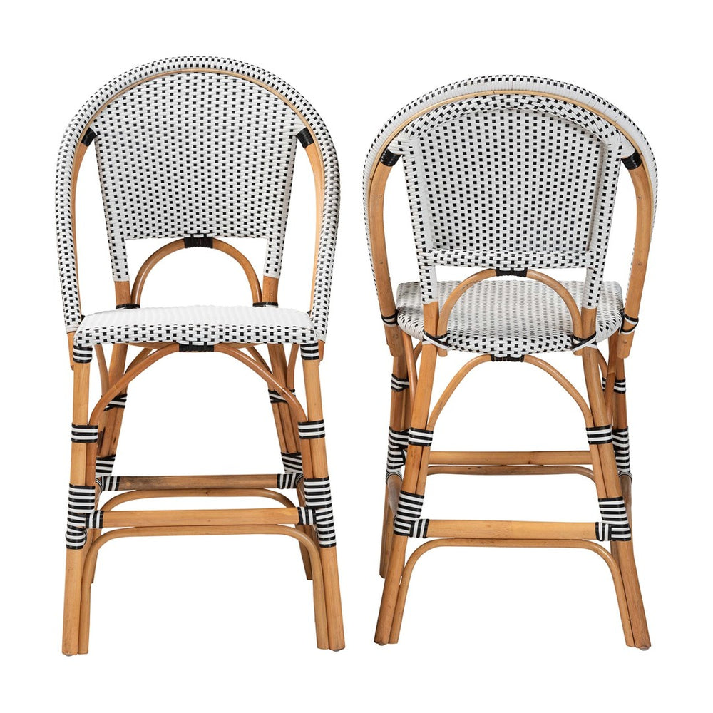 Baxton Studio bali Genica Classic French Two-Tone Weaving and Natural Rattan 2-Piece Counter Stool Set for Charm Black DC613-Rattan-Black/White-CS No Arm