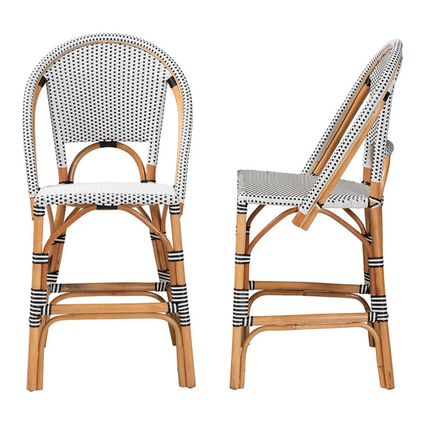 Baxton Studio bali Genica Classic French Two-Tone Weaving and Natural Rattan 2-Piece Counter Stool Set for Charm Black DC613-Rattan-Black/White-CS No Arm
