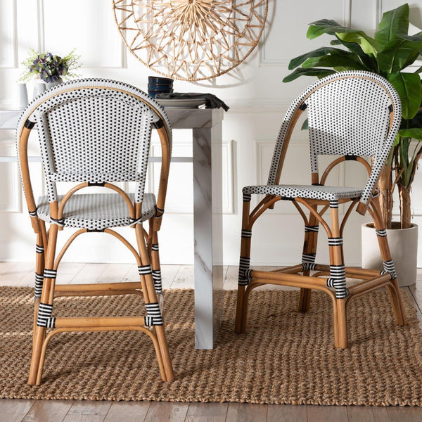 Baxton Studio bali Genica Classic French Two-Tone Weaving and Natural Rattan 2-Piece Counter Stool Set for Charm Black DC613-Rattan-Black/White-CS No Arm