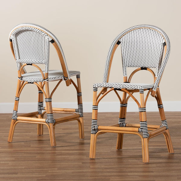 Baxton Studio bali Genica Classic French Two-Tone Weaving and Natural Rattan 2-Piece Counter Stool Set for Charm Black DC613-Rattan-Black/White-CS No Arm