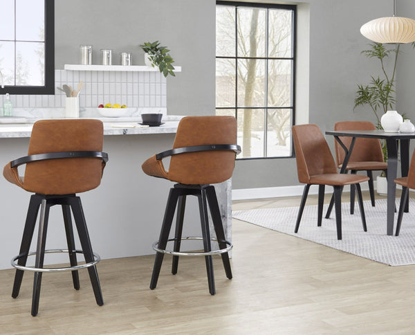 English Elm Fixed-height Swivel Counter Stools with Faux Leather Seats and Chrome Footrest Set of 2 B202S01807